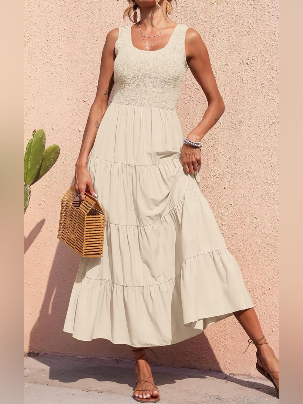 Pretty Garden Sleeveless Smocked Stretchy Bodice Tiered Maxi Dress in Cream